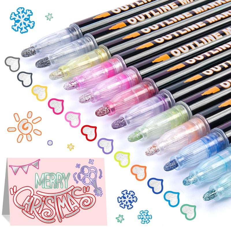 AKARUED Outline Markers as Christmas Gifts for Teens & Tween Girls, Shimmer Metallic Glitter Marker, 12 Cool Pen for Doodling Drawing, Trendy Cute Arts Crafts Supplies & Stocking Stuffers for Teenage Girls - Image 1